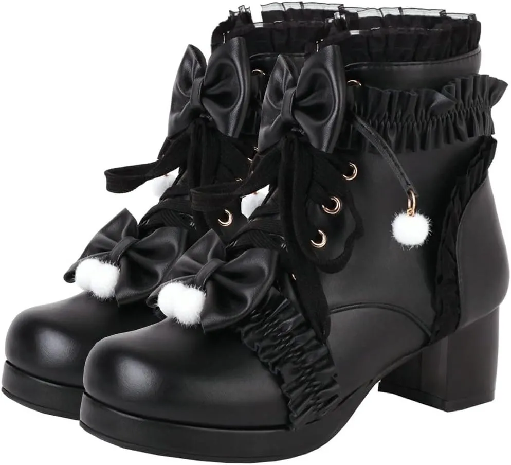 Meefit Women Platform Boots Lace Up Chunky Heel Ankle Boots with Bow Cosplay Winter Shoes