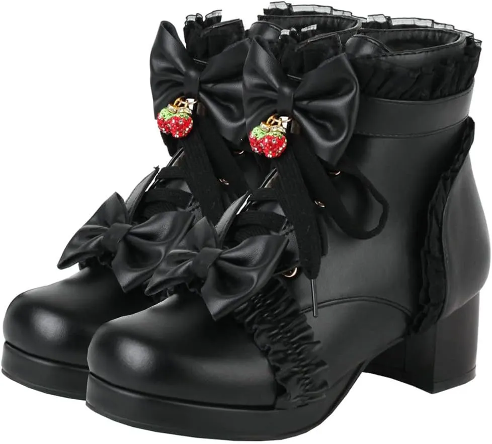 Meefit Women Platform Boots Lace Up Chunky Heel Ankle Boots with Bow Cosplay Winter Shoes