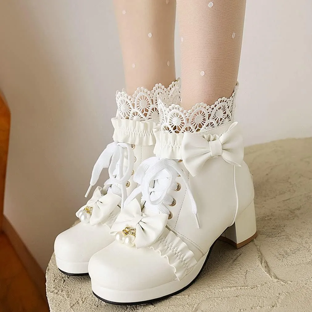 Meefit Women Platform Boots Lace Up Chunky Heel Ankle Boots with Bow Cosplay Winter Shoes