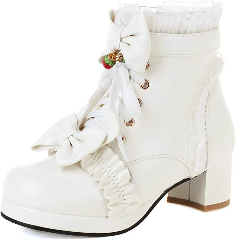 Meefit Women Platform Boots Lace Up Chunky Heel Ankle Boots with Bow Cosplay Winter Shoes