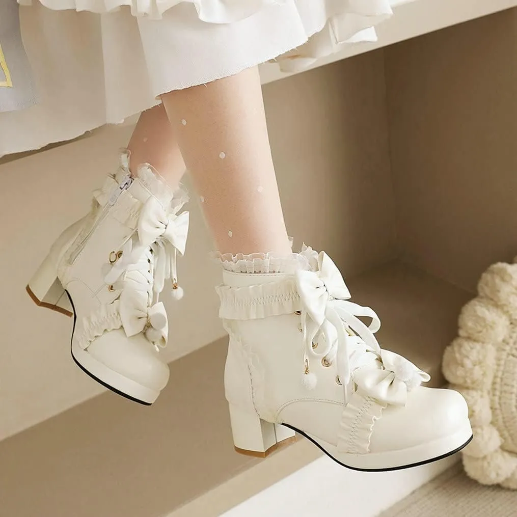 Meefit Women Platform Boots Lace Up Chunky Heel Ankle Boots with Bow Cosplay Winter Shoes