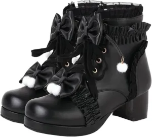 Meefit Women Platform Boots Lace Up Chunky Heel Ankle Boots with Bow Cosplay Winter Shoes