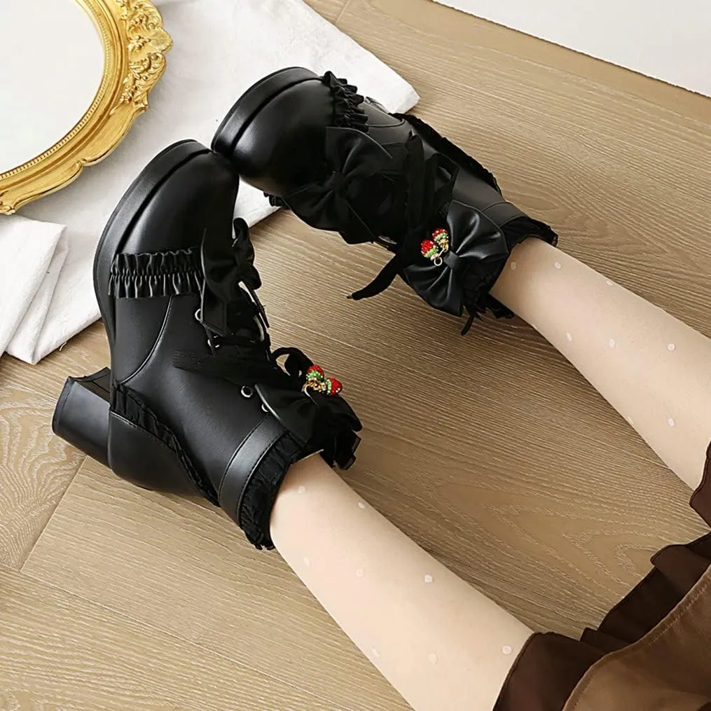 Meefit Women Platform Boots Lace Up Chunky Heel Ankle Boots with Bow Cosplay Winter Shoes