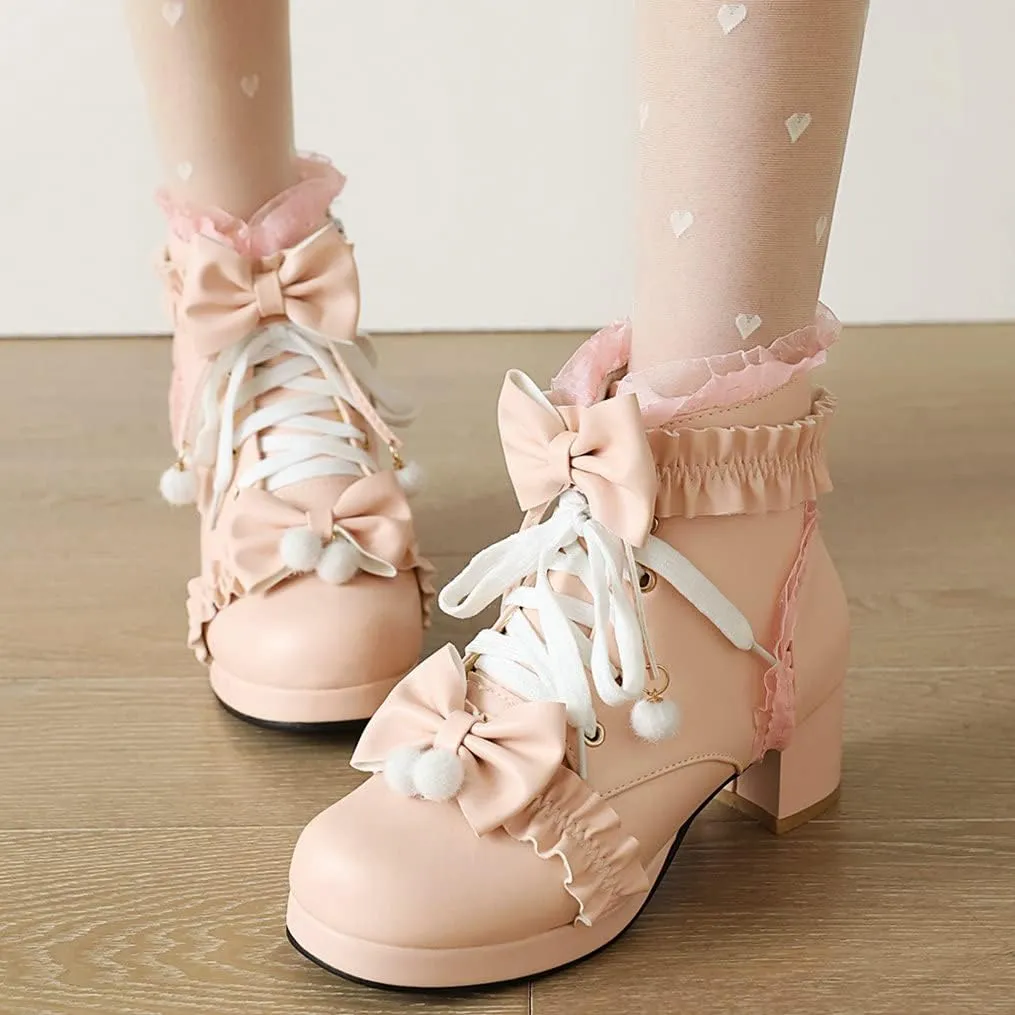 Meefit Women Platform Boots Lace Up Chunky Heel Ankle Boots with Bow Cosplay Winter Shoes