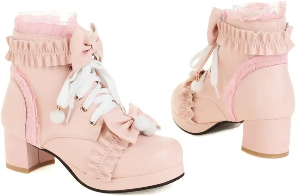 Meefit Women Platform Boots Lace Up Chunky Heel Ankle Boots with Bow Cosplay Winter Shoes