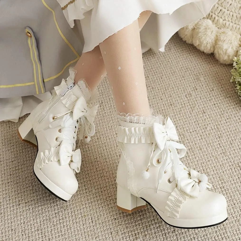 Meefit Women Platform Boots Lace Up Chunky Heel Ankle Boots with Bow Cosplay Winter Shoes