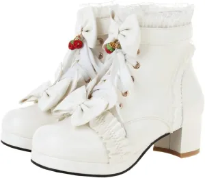 Meefit Women Platform Boots Lace Up Chunky Heel Ankle Boots with Bow Cosplay Winter Shoes