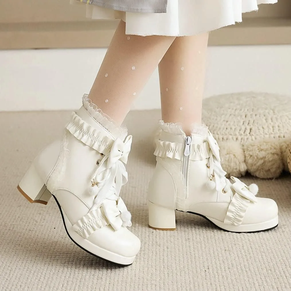 Meefit Women Platform Boots Lace Up Chunky Heel Ankle Boots with Bow Cosplay Winter Shoes