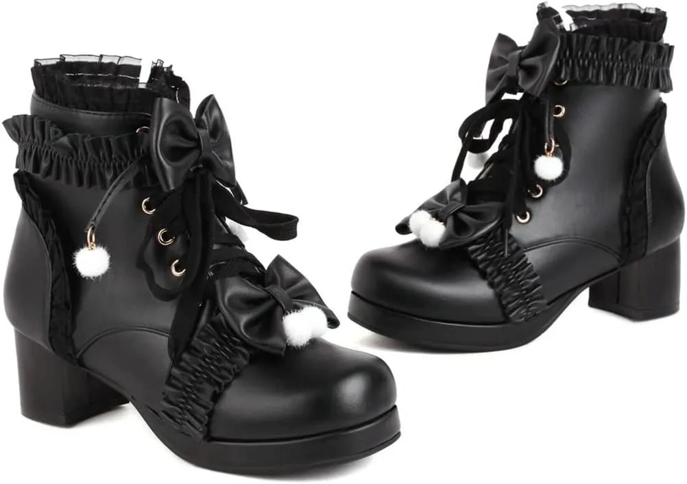 Meefit Women Platform Boots Lace Up Chunky Heel Ankle Boots with Bow Cosplay Winter Shoes