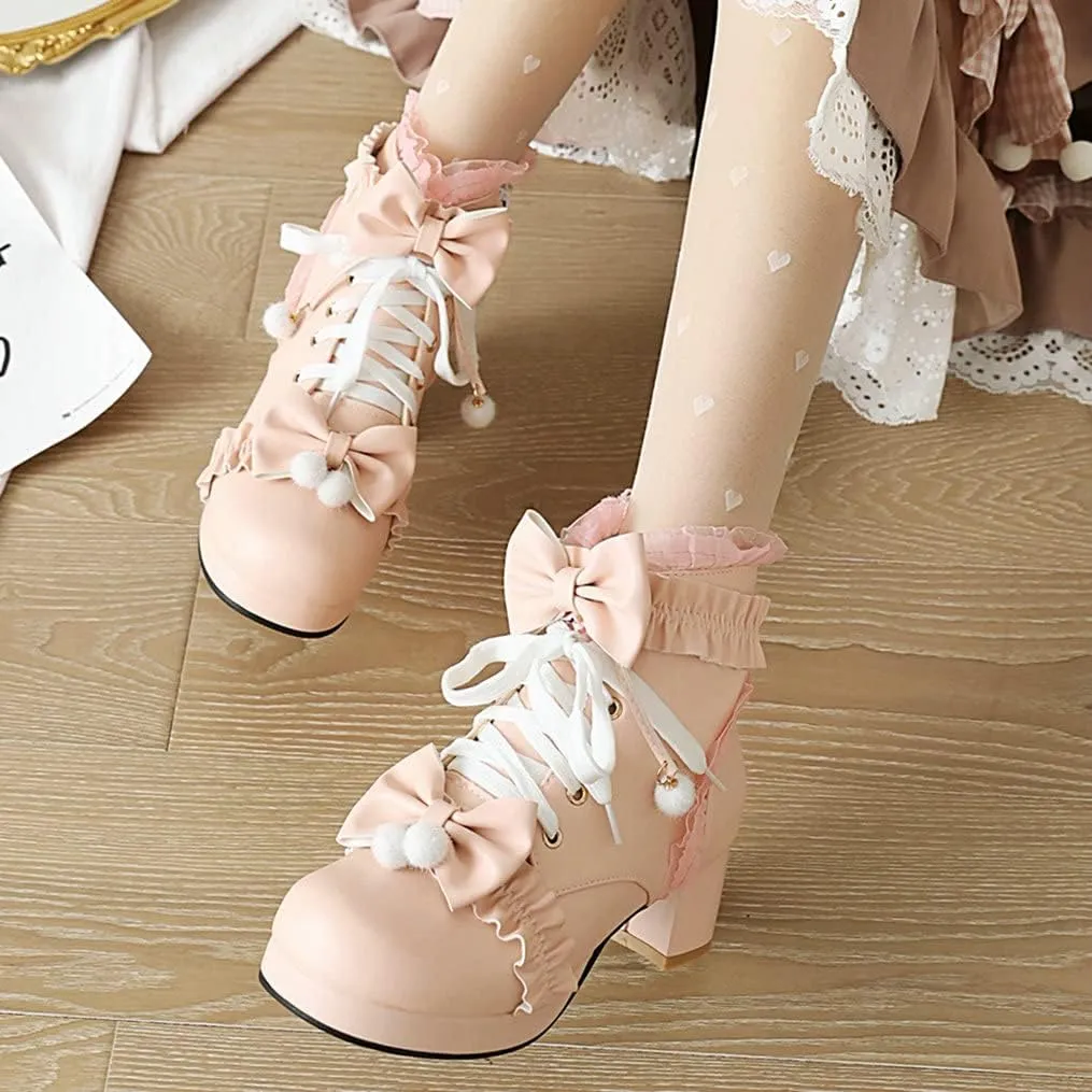 Meefit Women Platform Boots Lace Up Chunky Heel Ankle Boots with Bow Cosplay Winter Shoes