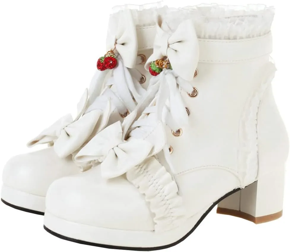 Meefit Women Platform Boots Lace Up Chunky Heel Ankle Boots with Bow Cosplay Winter Shoes