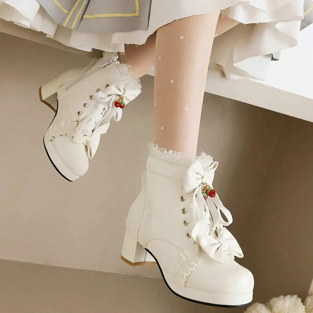 Meefit Women Platform Boots Lace Up Chunky Heel Ankle Boots with Bow Cosplay Winter Shoes