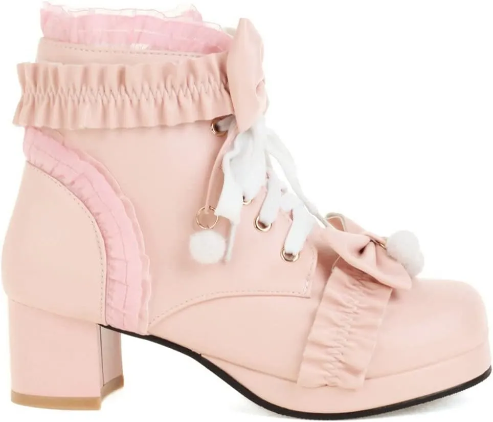 Meefit Women Platform Boots Lace Up Chunky Heel Ankle Boots with Bow Cosplay Winter Shoes