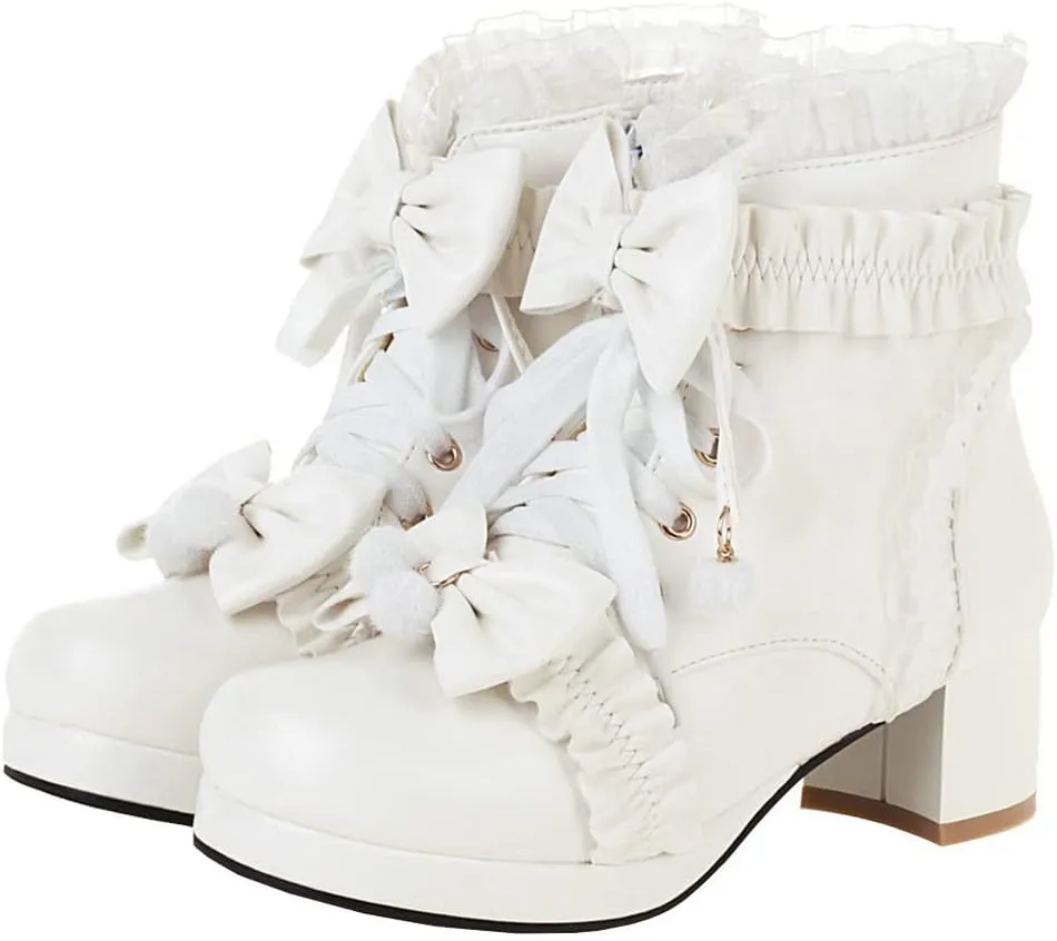 Meefit Women Platform Boots Lace Up Chunky Heel Ankle Boots with Bow Cosplay Winter Shoes