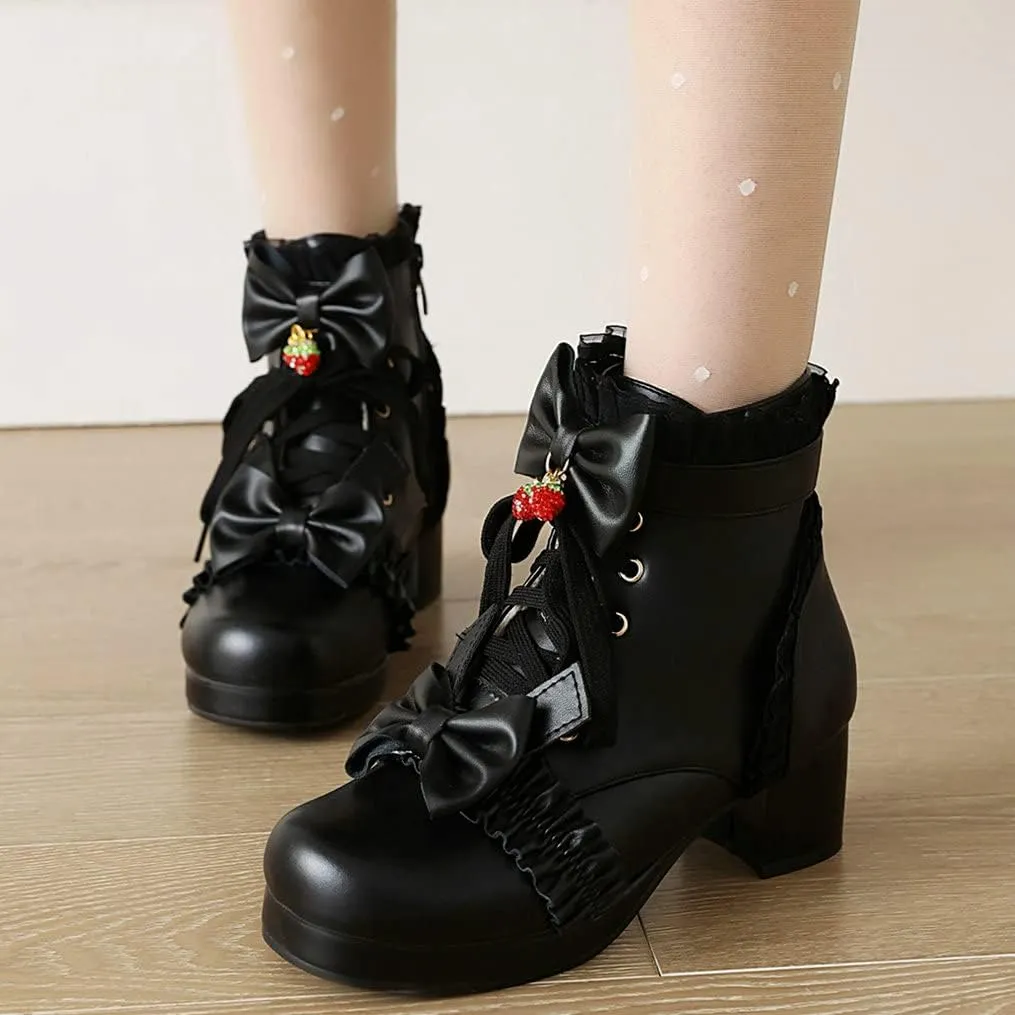 Meefit Women Platform Boots Lace Up Chunky Heel Ankle Boots with Bow Cosplay Winter Shoes