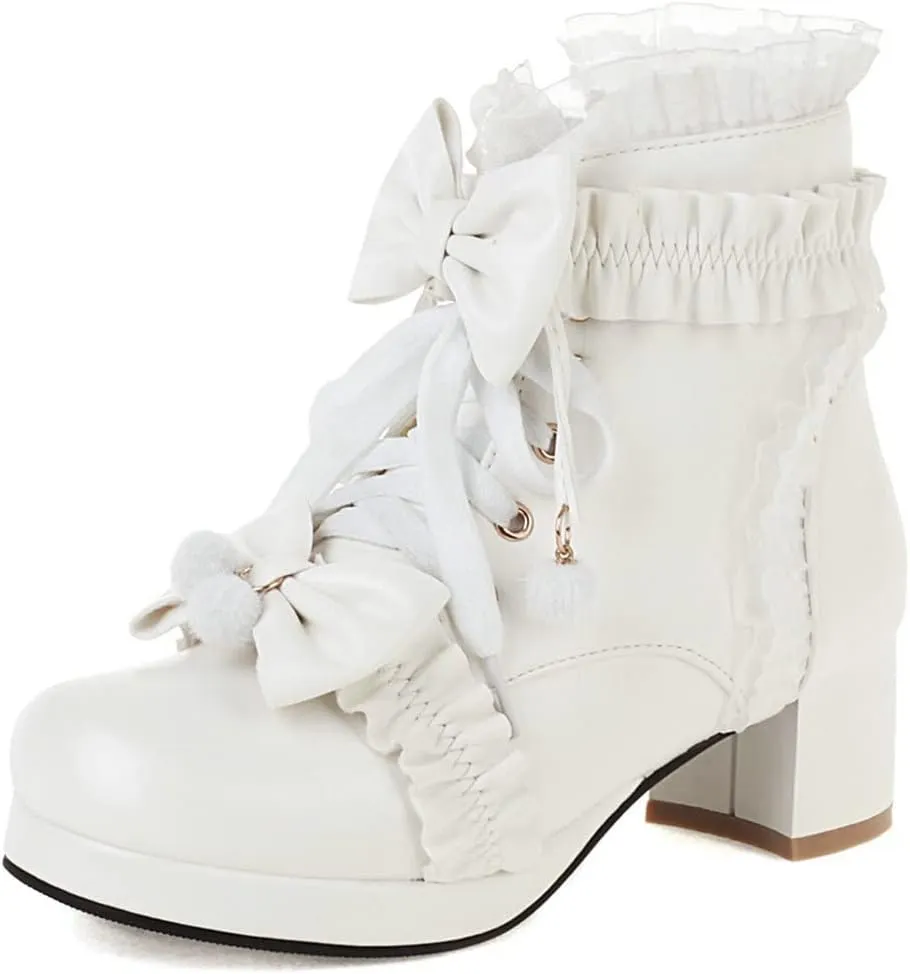 Meefit Women Platform Boots Lace Up Chunky Heel Ankle Boots with Bow Cosplay Winter Shoes