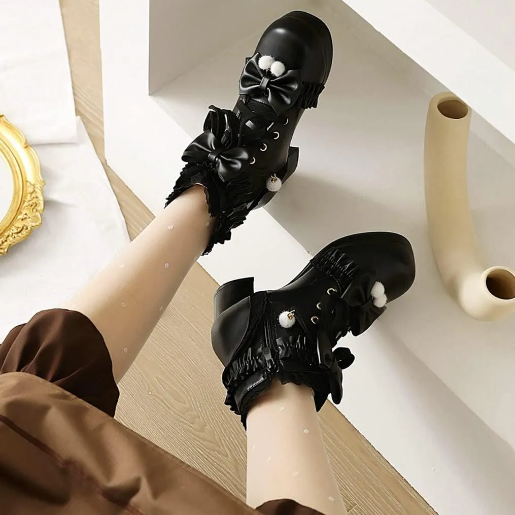 Meefit Women Platform Boots Lace Up Chunky Heel Ankle Boots with Bow Cosplay Winter Shoes