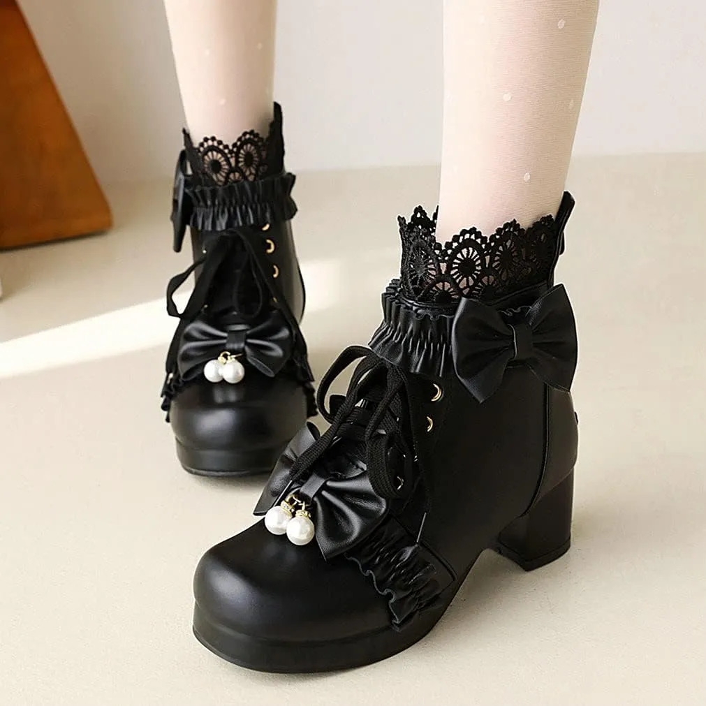 Meefit Women Platform Boots Lace Up Chunky Heel Ankle Boots with Bow Cosplay Winter Shoes