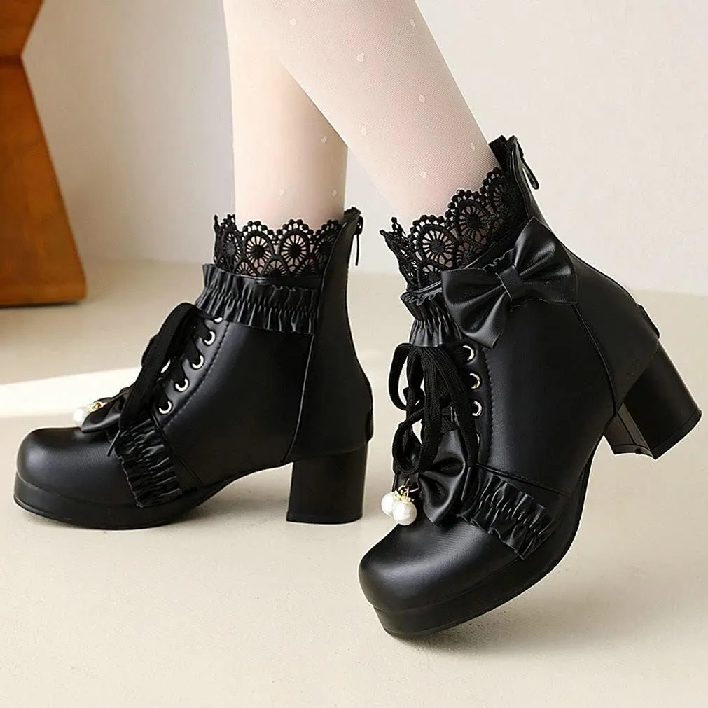 Meefit Women Platform Boots Lace Up Chunky Heel Ankle Boots with Bow Cosplay Winter Shoes