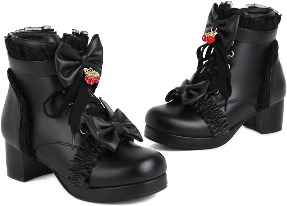 Meefit Women Platform Boots Lace Up Chunky Heel Ankle Boots with Bow Cosplay Winter Shoes