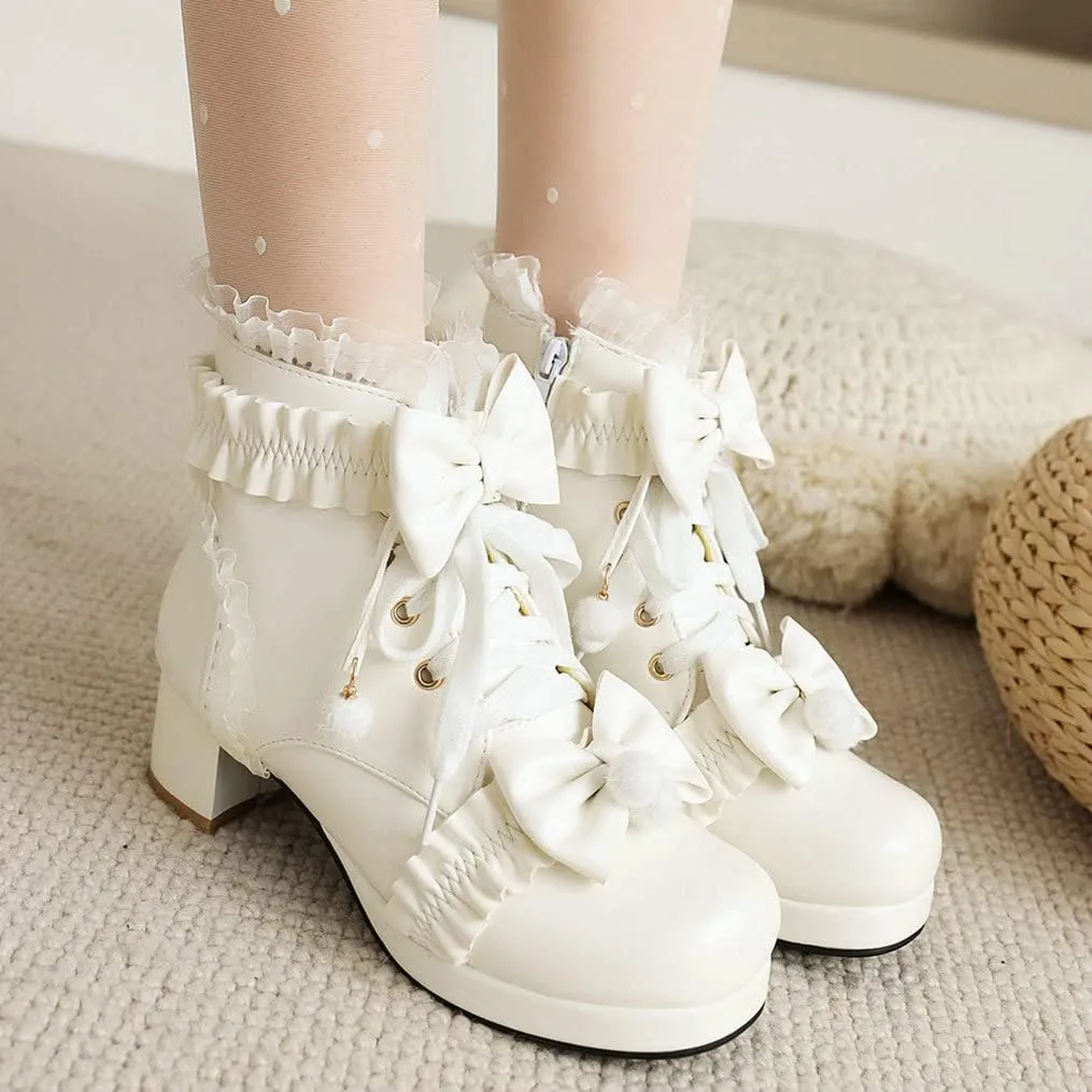Meefit Women Platform Boots Lace Up Chunky Heel Ankle Boots with Bow Cosplay Winter Shoes