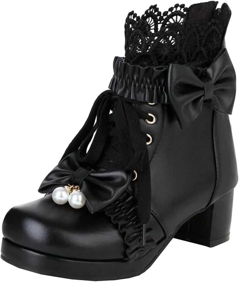 Meefit Women Platform Boots Lace Up Chunky Heel Ankle Boots with Bow Cosplay Winter Shoes