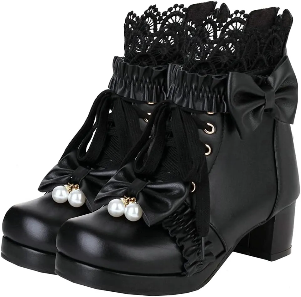 Meefit Women Platform Boots Lace Up Chunky Heel Ankle Boots with Bow Cosplay Winter Shoes