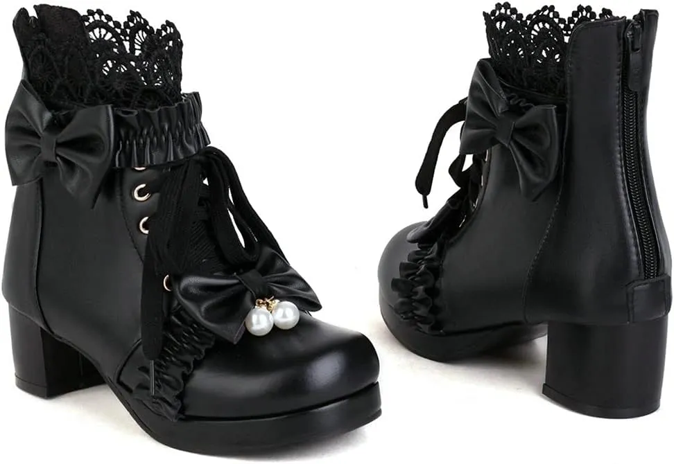 Meefit Women Platform Boots Lace Up Chunky Heel Ankle Boots with Bow Cosplay Winter Shoes