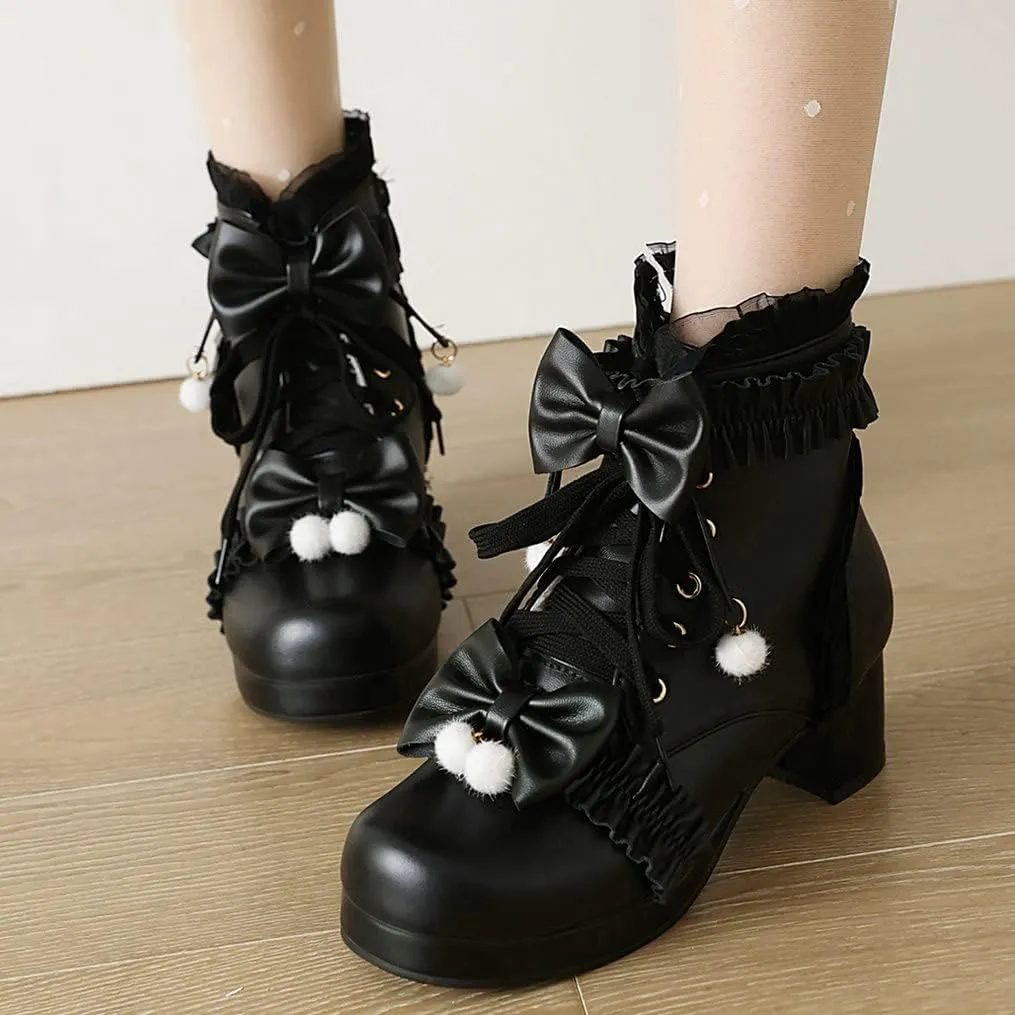 Meefit Women Platform Boots Lace Up Chunky Heel Ankle Boots with Bow Cosplay Winter Shoes