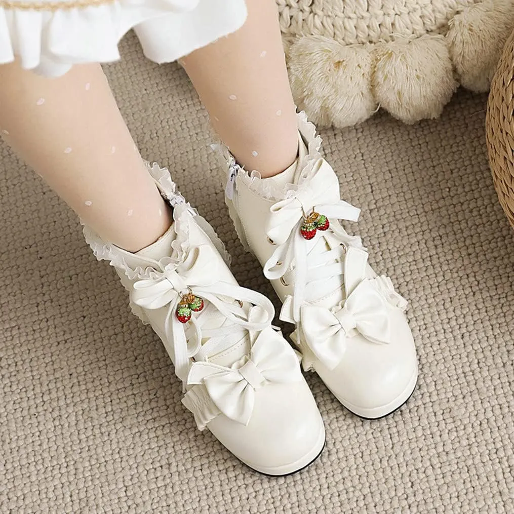 Meefit Women Platform Boots Lace Up Chunky Heel Ankle Boots with Bow Cosplay Winter Shoes
