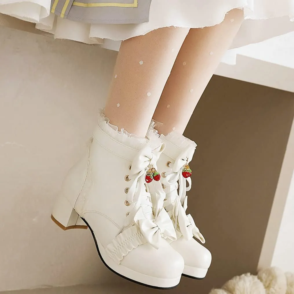 Meefit Women Platform Boots Lace Up Chunky Heel Ankle Boots with Bow Cosplay Winter Shoes