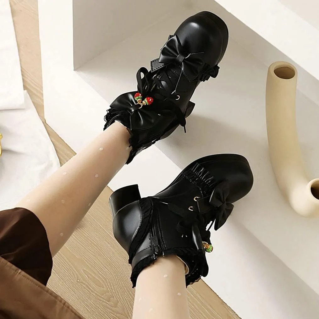 Meefit Women Platform Boots Lace Up Chunky Heel Ankle Boots with Bow Cosplay Winter Shoes