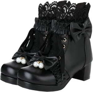 Meefit Women Platform Boots Lace Up Chunky Heel Ankle Boots with Bow Cosplay Winter Shoes