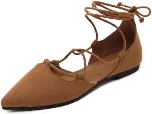 Meeshine Womens D'Orsay Pointy Toe Ankle Strap Wrap Ballet Flats Lace Up Flat Shoes