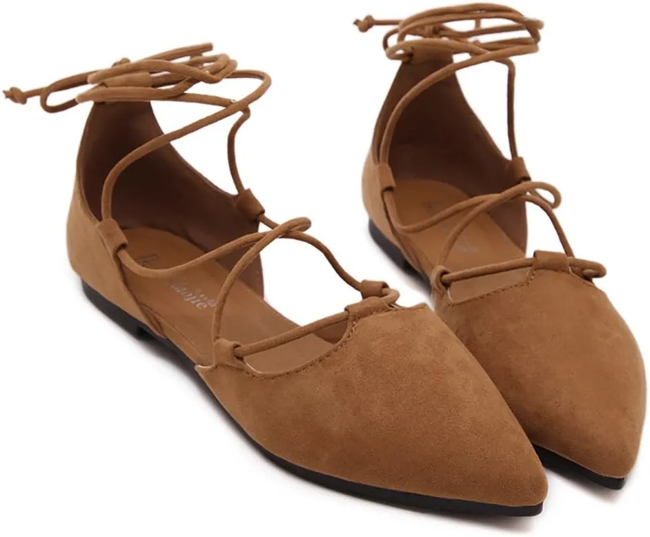 Meeshine Womens D'Orsay Pointy Toe Ankle Strap Wrap Ballet Flats Lace Up Flat Shoes