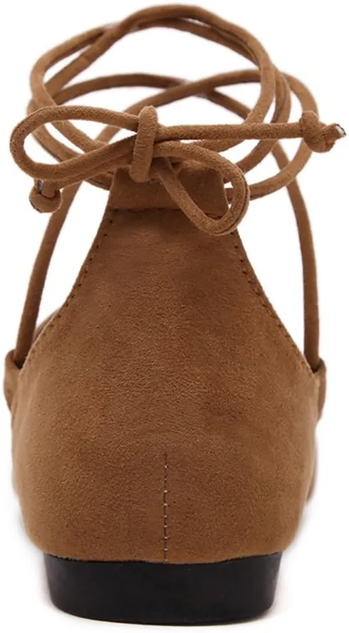Meeshine Womens D'Orsay Pointy Toe Ankle Strap Wrap Ballet Flats Lace Up Flat Shoes
