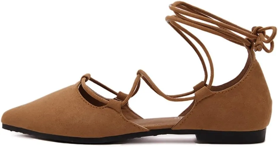 Meeshine Womens D'Orsay Pointy Toe Ankle Strap Wrap Ballet Flats Lace Up Flat Shoes