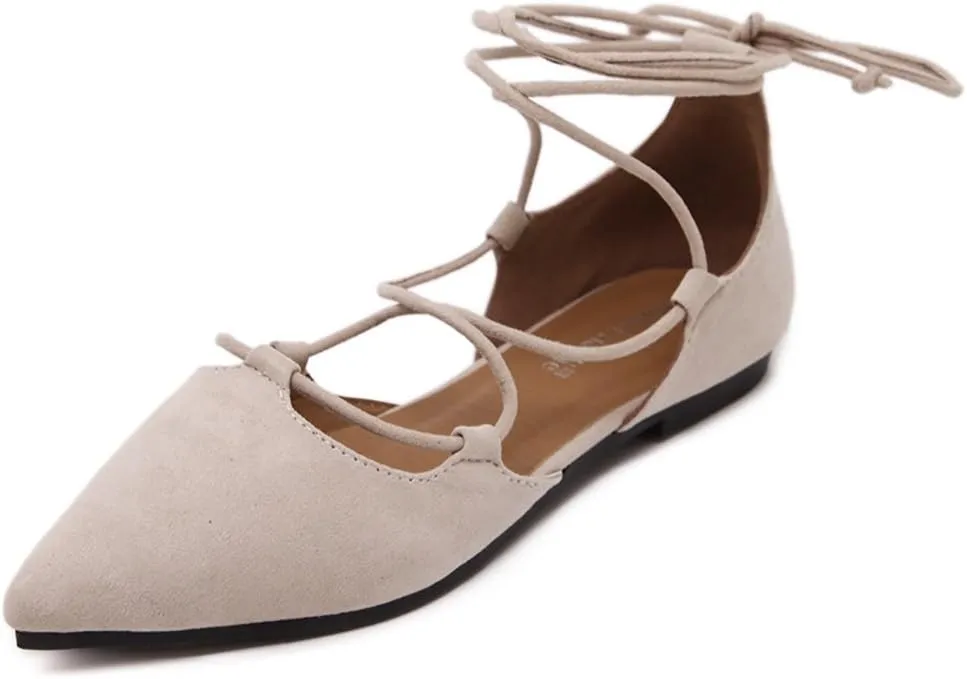 Meeshine Womens D'Orsay Pointy Toe Ankle Strap Wrap Ballet Flats Lace Up Flat Shoes