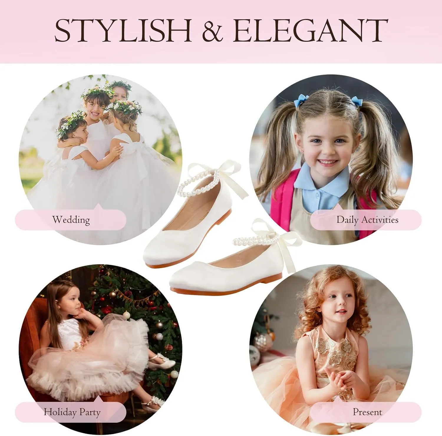MEJORMEN Girls Dress Shoes Toddler Mary Jane Ballet Flats Princess Lace-Up Pearl Ankle Strap Dress Shoes for Flower Girls Wedding Party School