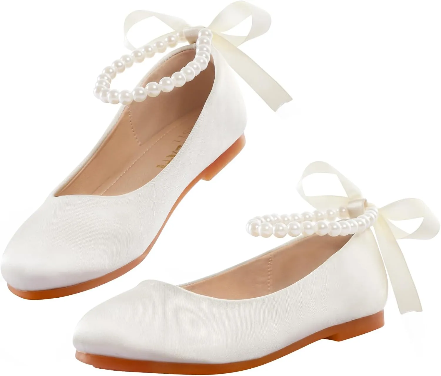 MEJORMEN Girls Dress Shoes Toddler Mary Jane Ballet Flats Princess Lace-Up Pearl Ankle Strap Dress Shoes for Flower Girls Wedding Party School