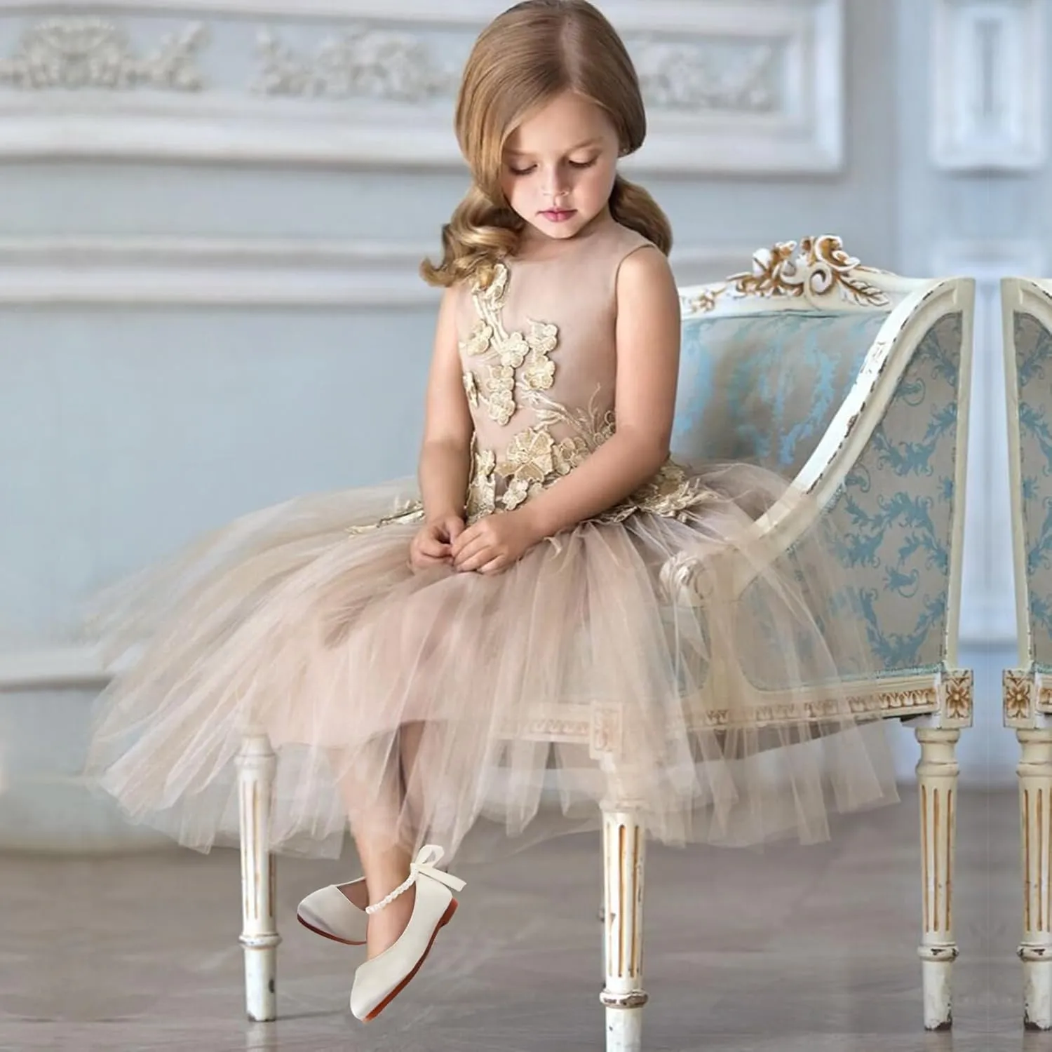 MEJORMEN Girls Dress Shoes Toddler Mary Jane Ballet Flats Princess Lace-Up Pearl Ankle Strap Dress Shoes for Flower Girls Wedding Party School