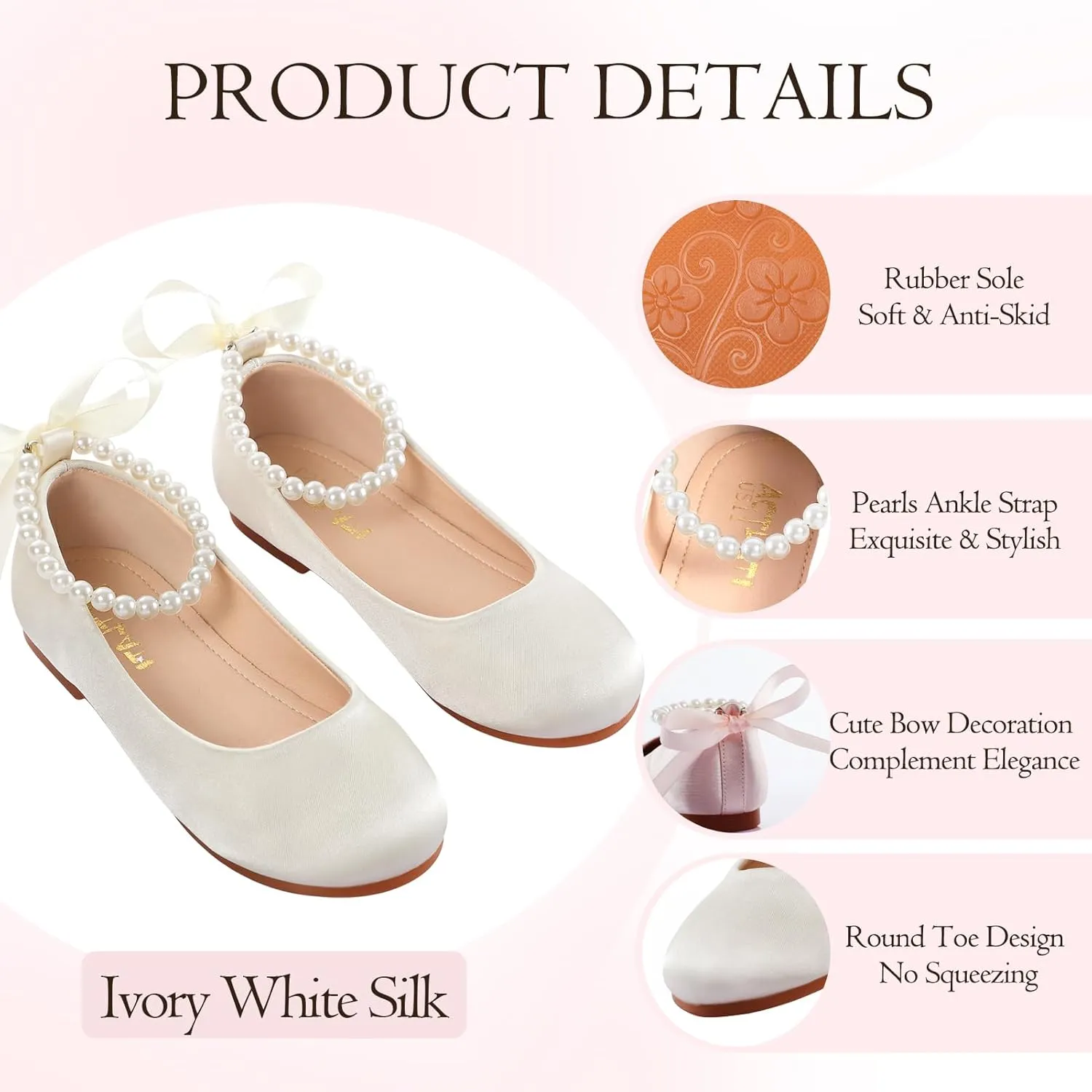 MEJORMEN Girls Dress Shoes Toddler Mary Jane Ballet Flats Princess Lace-Up Pearl Ankle Strap Dress Shoes for Flower Girls Wedding Party School