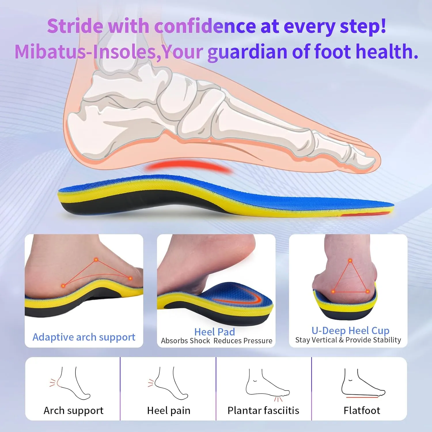 Men Sport Insoles with High Arch Heavy Duty Support Plantar Fasciitis Relief Running Walking, 220 lbs Orthotics Insole Shoes Insert Pads and Shoe Horn fit Sneakers Boot for Standing All Day-2 Pairs M