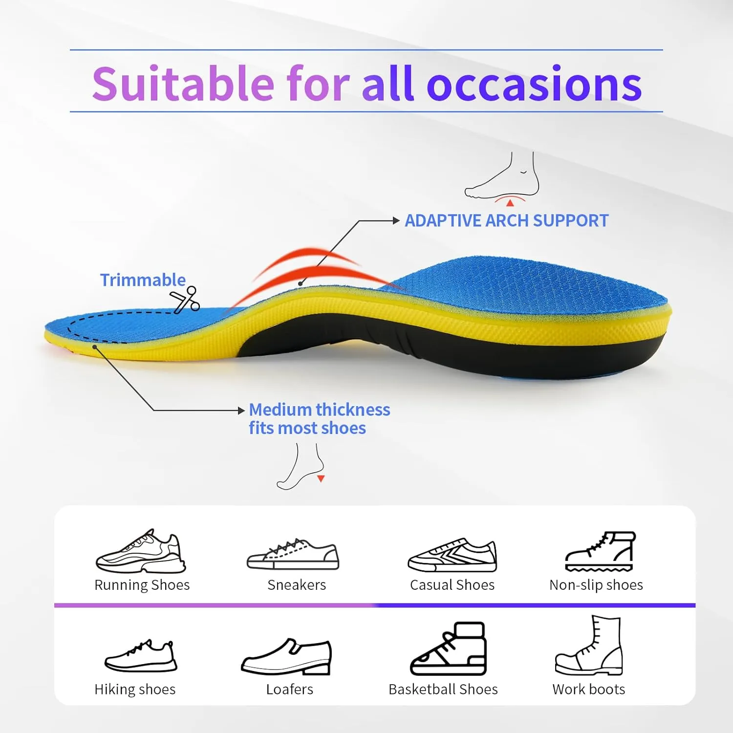 Men Sport Insoles with High Arch Heavy Duty Support Plantar Fasciitis Relief Running Walking, 220 lbs Orthotics Insole Shoes Insert Pads and Shoe Horn fit Sneakers Boot for Standing All Day-2 Pairs M
