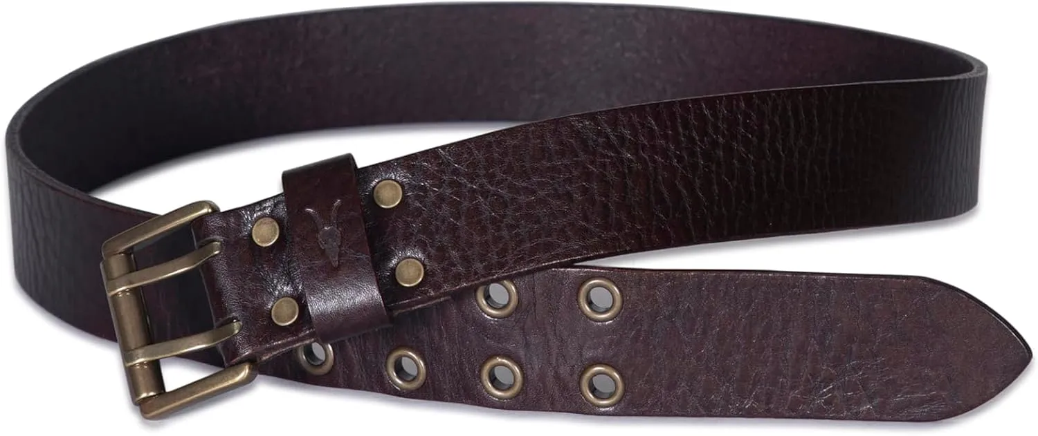 Men's 1.5 Inch Distressed Leather Eyelet Belt, Metal Buckle, Adjustable Sizing