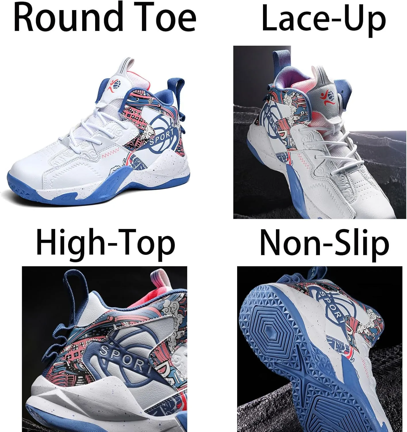 Men's Breathable Leather Lace Up Cushioning Basketball Shoes Fashion High-Top Non-Slip Sneakers Casual for Gym Sports Tennis Jogging Running Walking