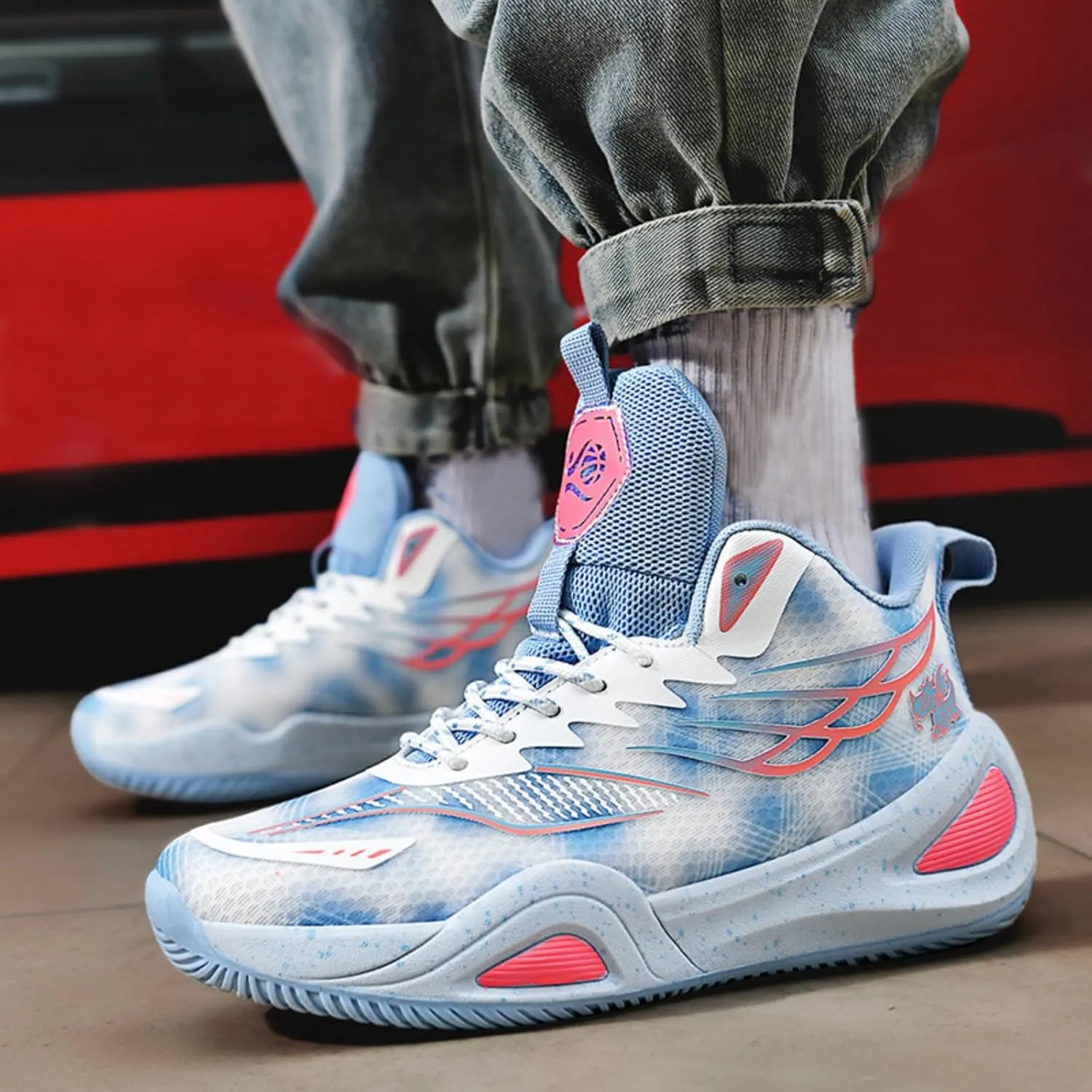 Mens Breathable Mesh High-Top Lace Up Basketball Shoes Fashion Non-Slip Cushioning Sneakers for Tennis Jogging Running Walking