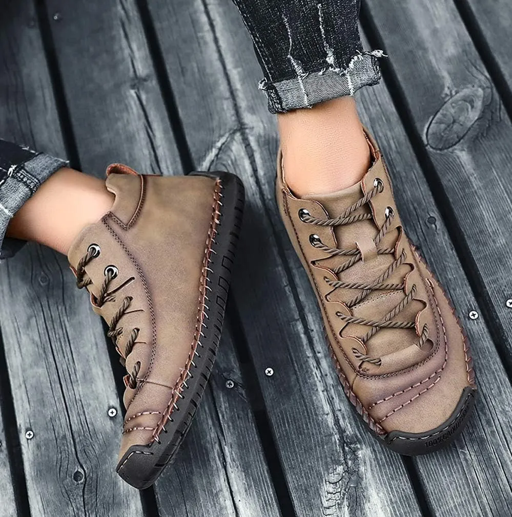 Mens Casual Oxford Shoes Flat Shoes Vintage Comfort Soft Leather Ankle Boots Lace-up Driving Shoes