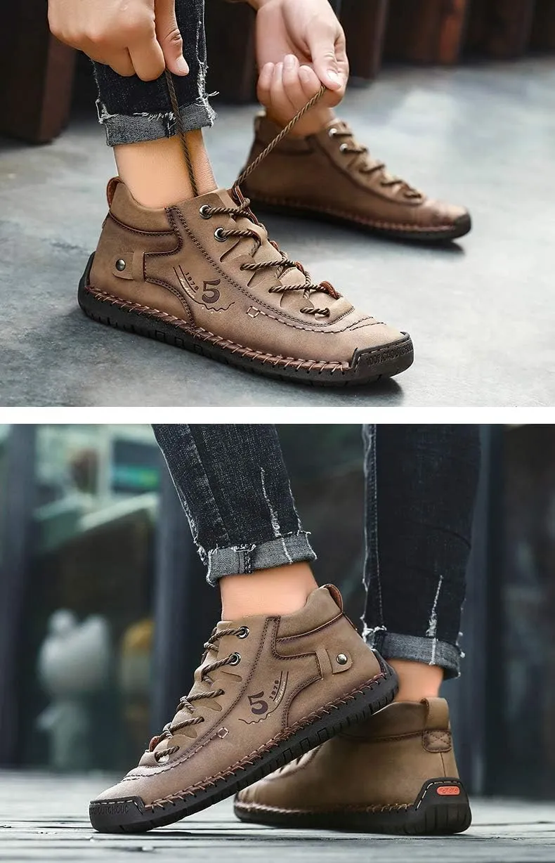 Mens Casual Oxford Shoes Flat Shoes Vintage Comfort Soft Leather Ankle Boots Lace-up Driving Shoes