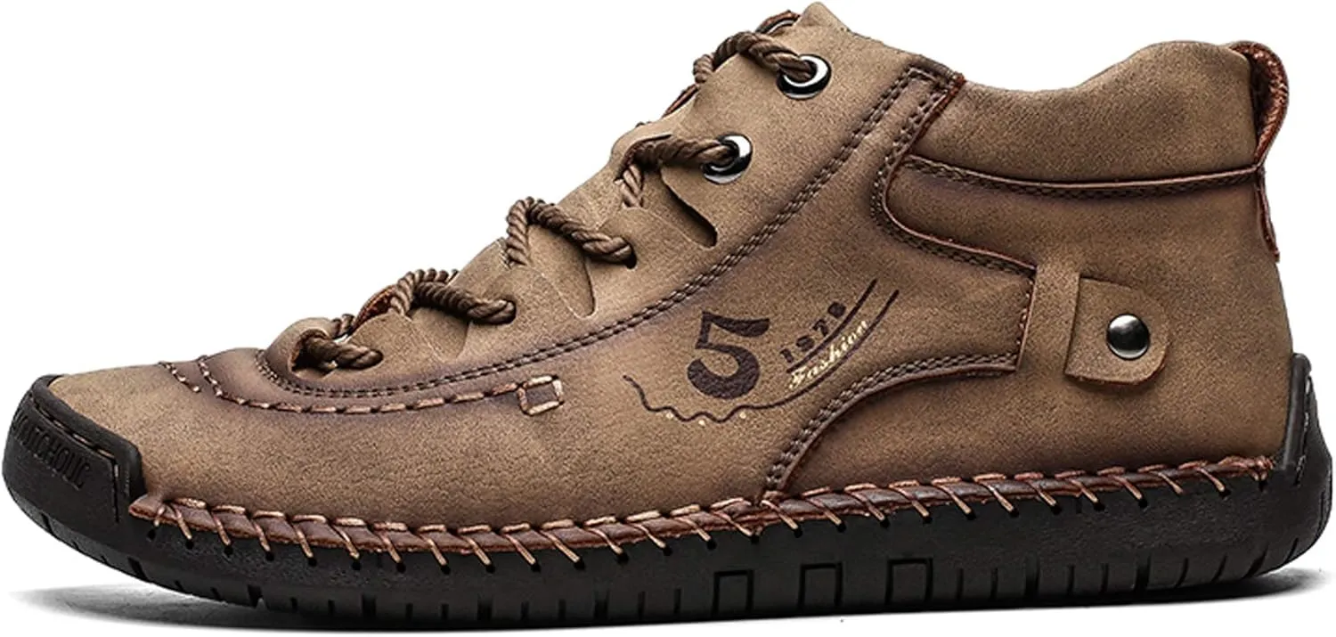Mens Casual Oxford Shoes Flat Shoes Vintage Comfort Soft Leather Ankle Boots Lace-up Driving Shoes